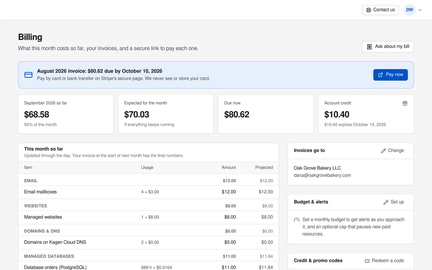 Billing in the Kagen Cloud portal: this month so far, the expected total, and every line with its usage and price