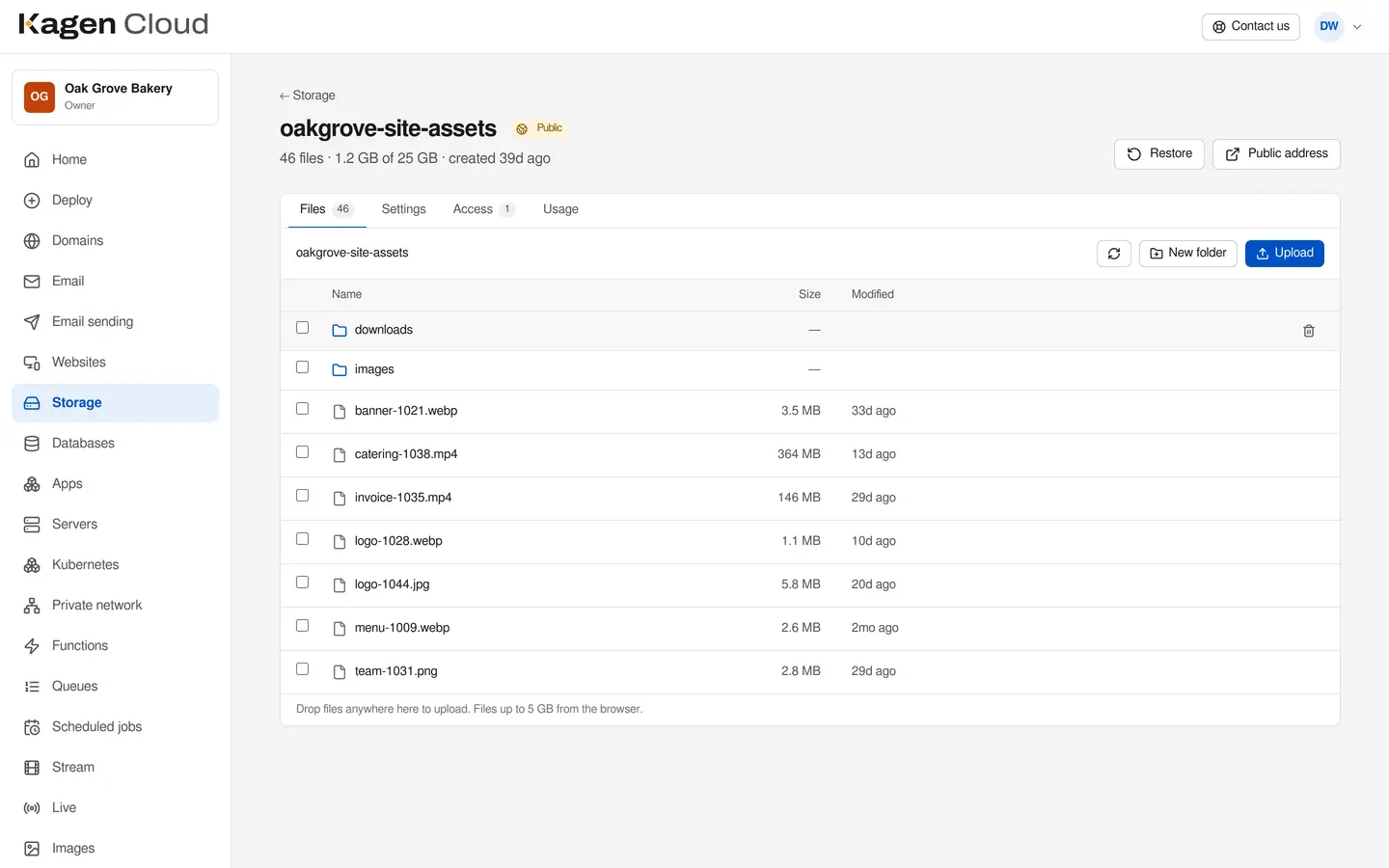 A storage bucket in the portal's file browser: folders and files with their sizes, and Upload and New folder buttons