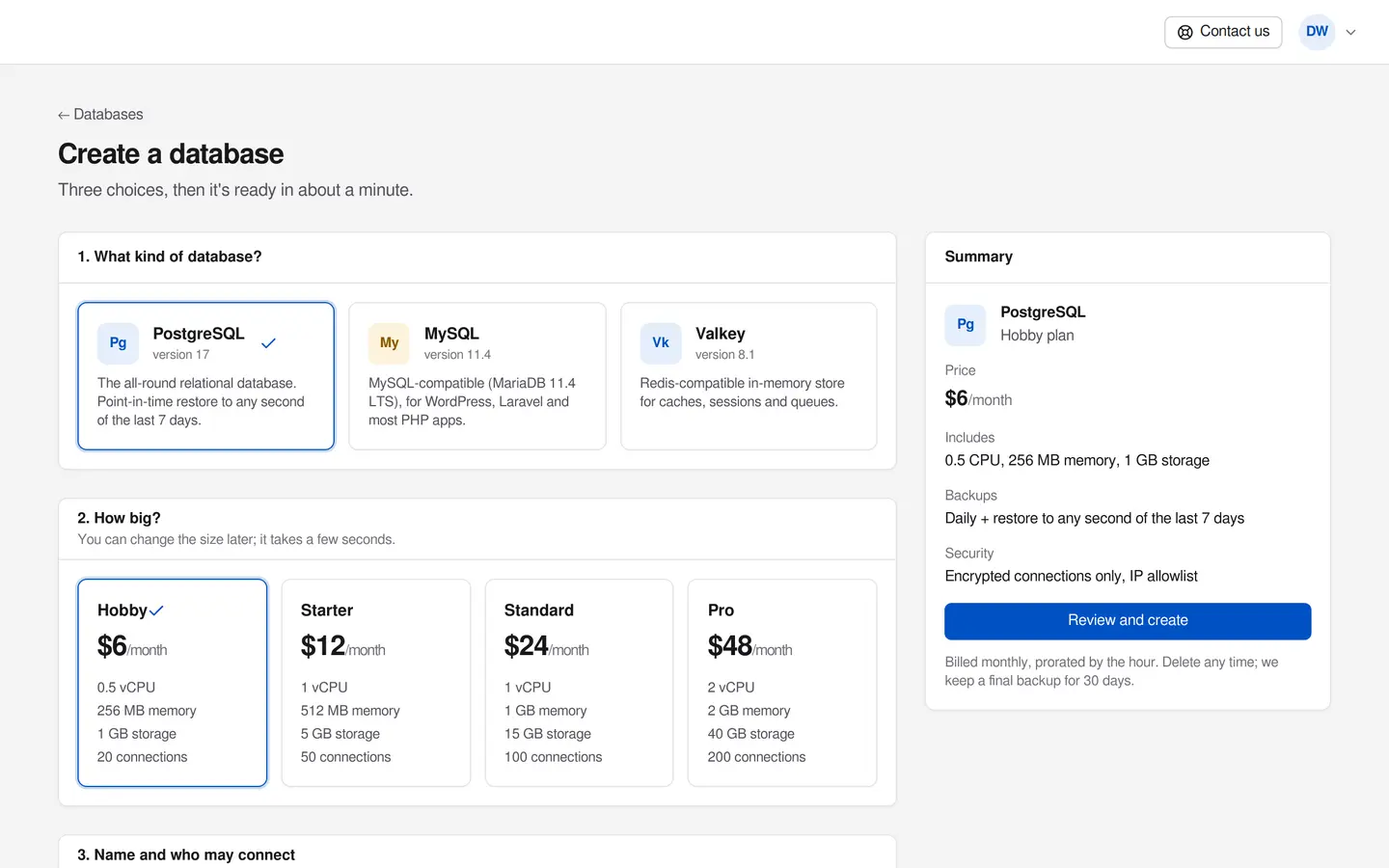 Creating a database in the portal: choosing PostgreSQL, MySQL or Valkey and a size with its price