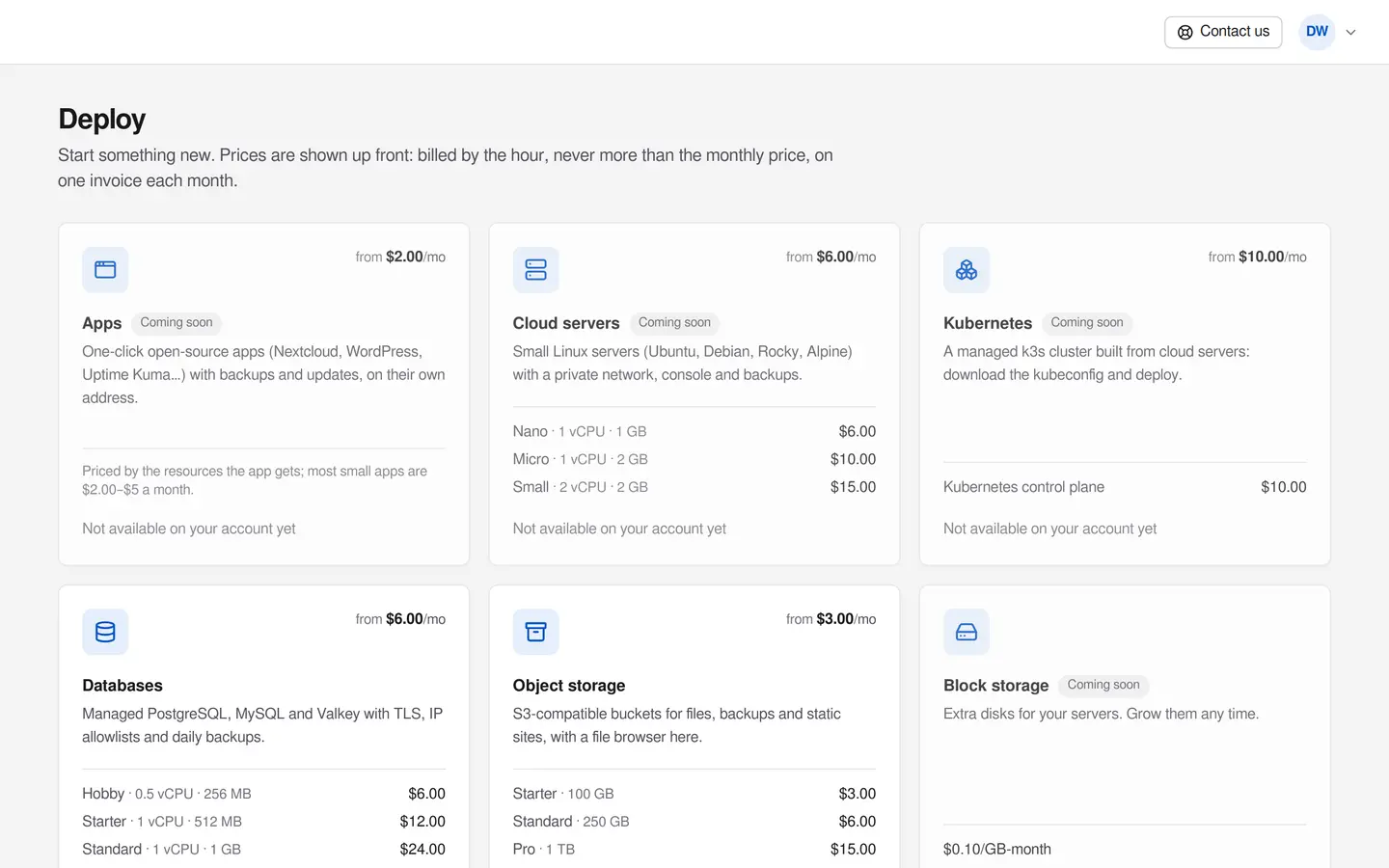The Deploy page in the portal: apps, servers, Kubernetes, databases and storage, each with its price