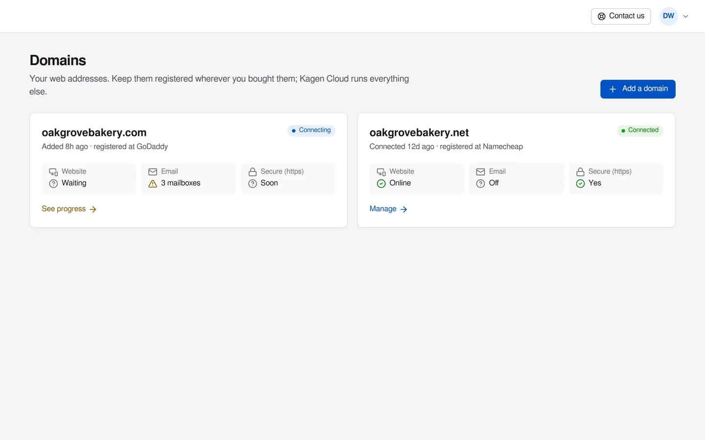 The Domains page in the portal: one domain connecting, one connected, each showing its website, email and https status