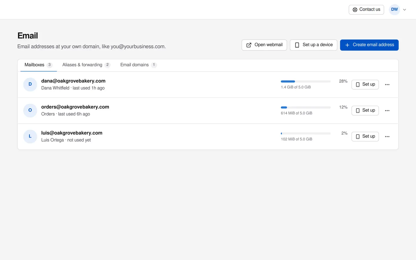 The Email page in the portal: three mailboxes with their storage used and a Set up button for each device