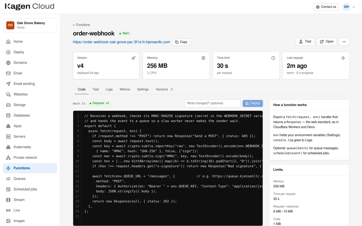 A function's page in the portal: its code in the editor, version, memory, time limit and a Deploy button