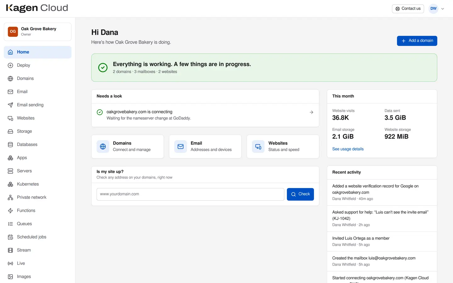 The Kagen Cloud portal for a bakery: everything working, one domain connecting, this month's usage and recent activity