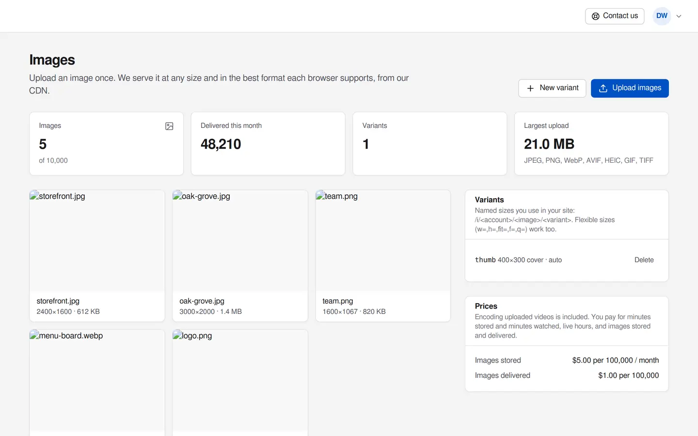 The Images page in the portal: uploaded images, delivered this month and named variants