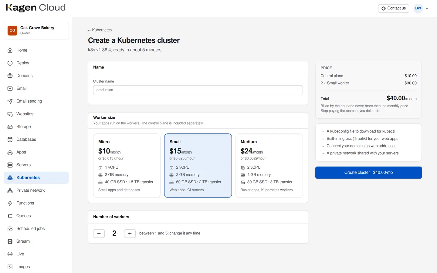 Creating a Kubernetes cluster in the portal: worker size, number of workers and the monthly total