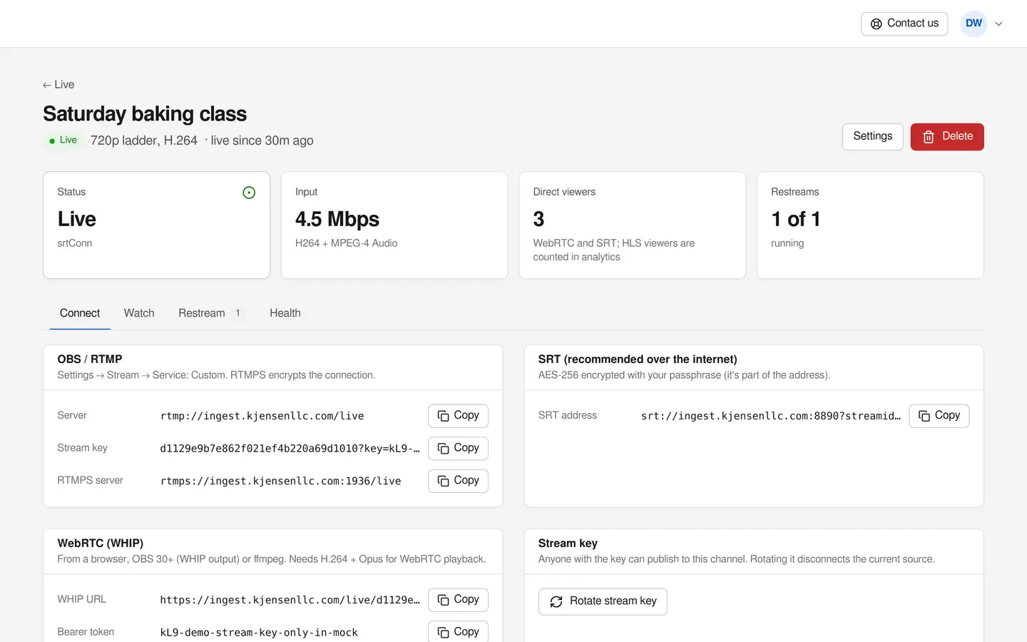 A live channel in the portal: live now, with its input bitrate, viewers and the ingest addresses