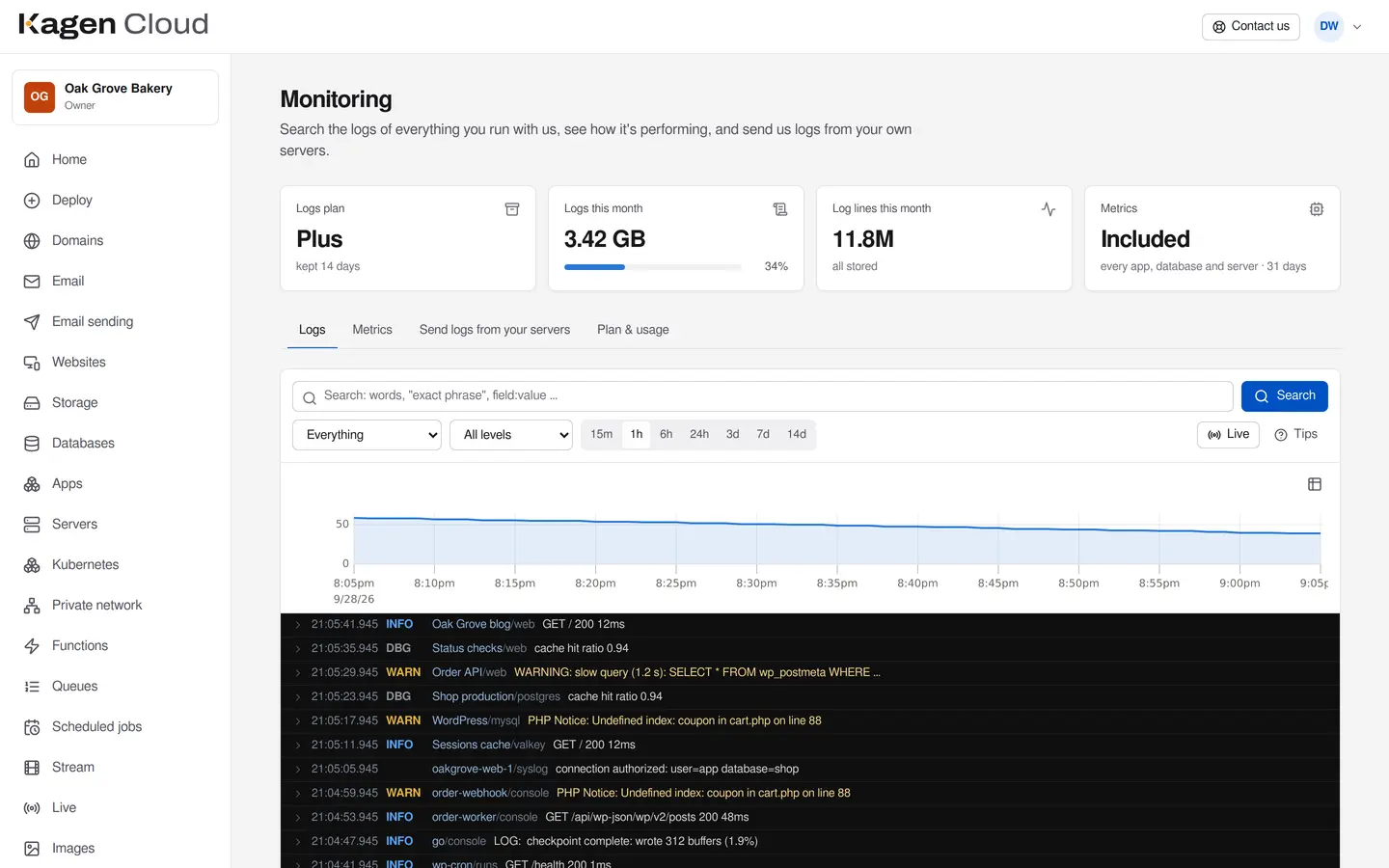 The Monitoring page in the portal: a search box, a histogram of log lines and a live list of log lines from apps, databases and functions