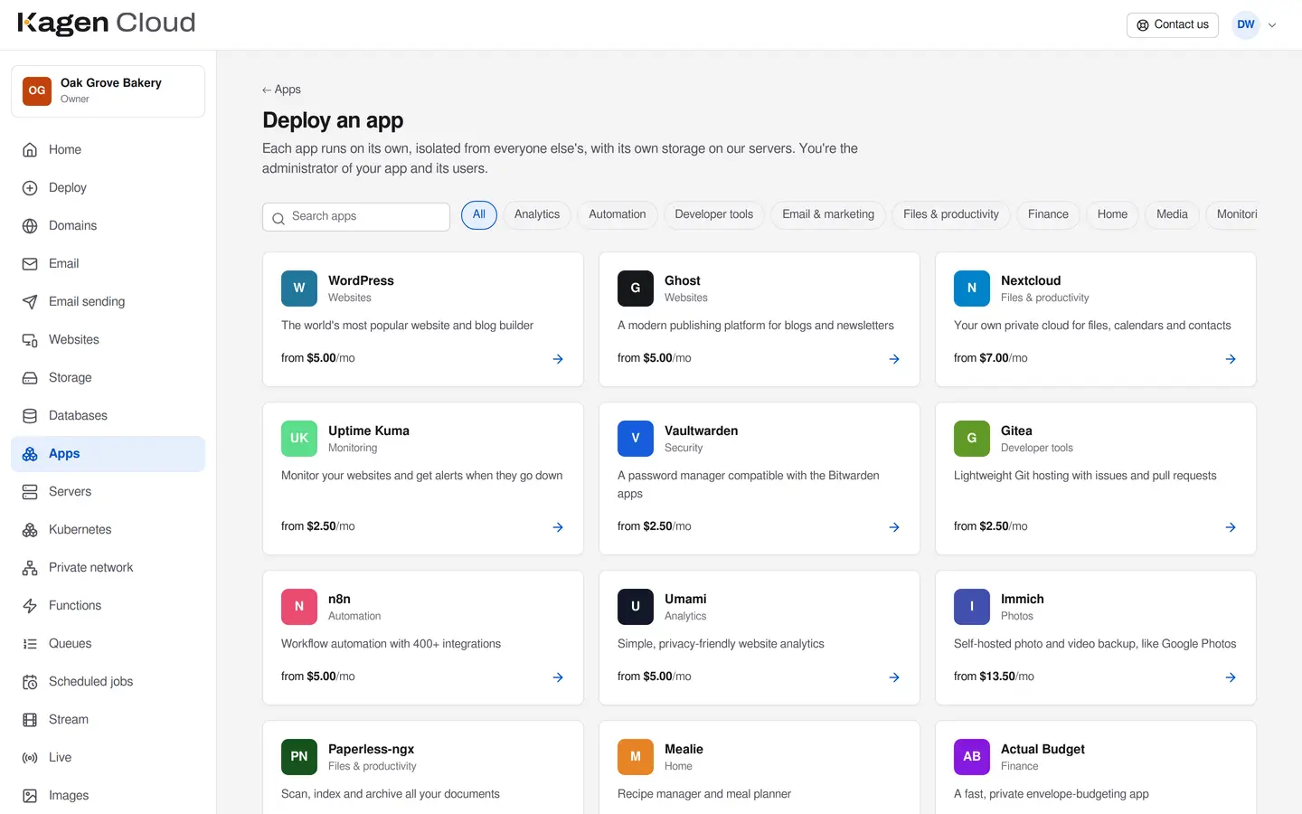 The app marketplace in the portal: WordPress, Ghost, Nextcloud, Uptime Kuma, Vaultwarden and more, each with its monthly price