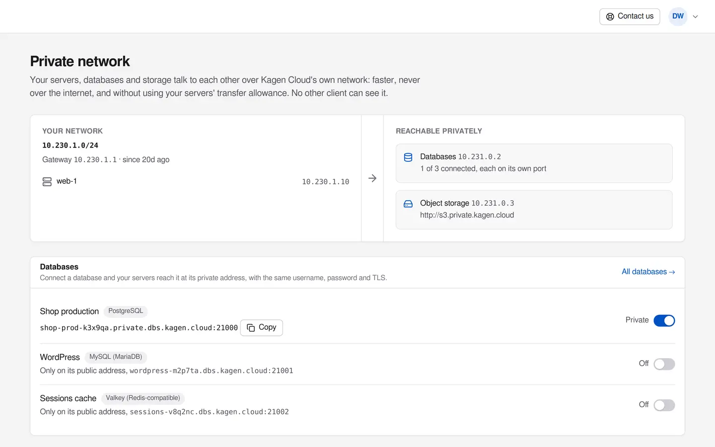 The Private network page: your servers, databases and storage reachable on private addresses