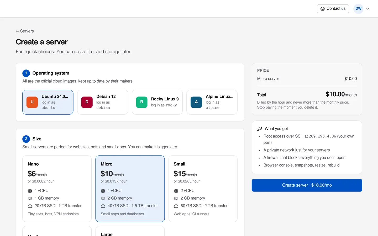 Creating a server in the portal: plan cards with their monthly prices, a name and an SSH key