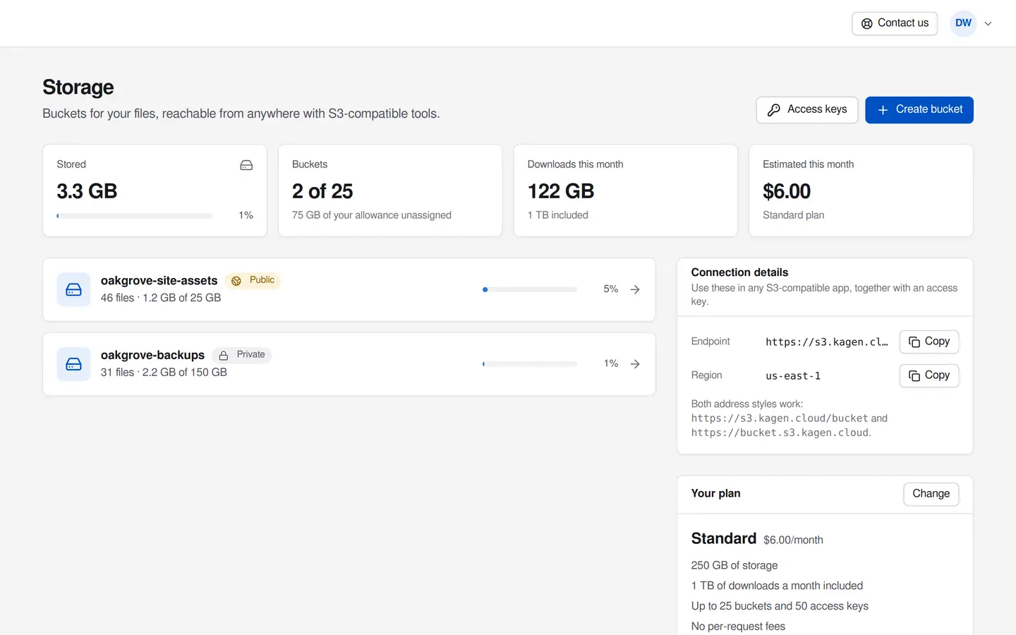 The Storage page in the portal: storage used, downloads this month, two buckets and the connection details