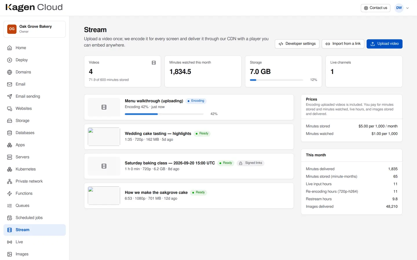 The Stream page in the portal: four videos with their state, minutes watched this month and storage used