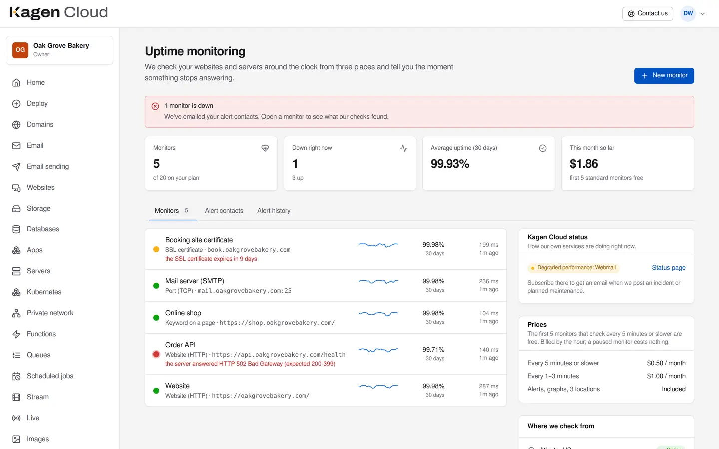 The Uptime page in the portal: five monitors with 30-day uptime, response times and one outage being reported