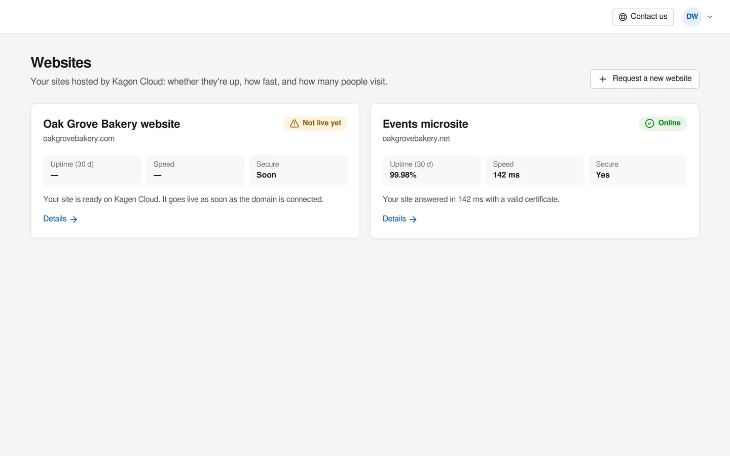 The Websites page in the portal: two sites, one waiting for its domain and one online, each with uptime, speed and https status