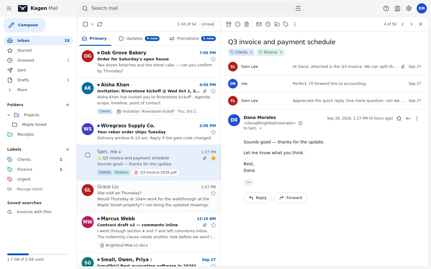 Kagen Mail in a browser: the inbox with Primary, Updates and Promotions tabs and an open conversation about an invoice